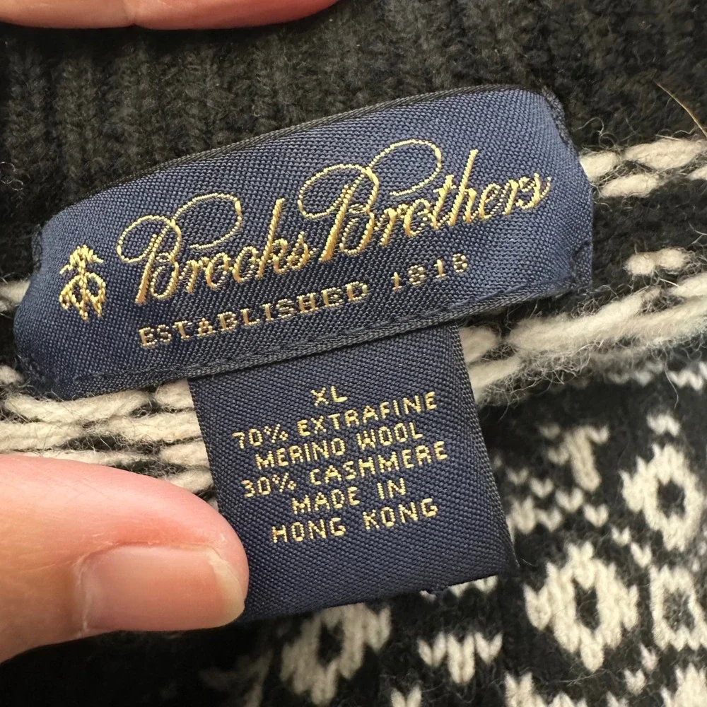 Brooks Brothers Black Crewneck Fair Isle Knit Sweater Extra fine Merino Wool XL